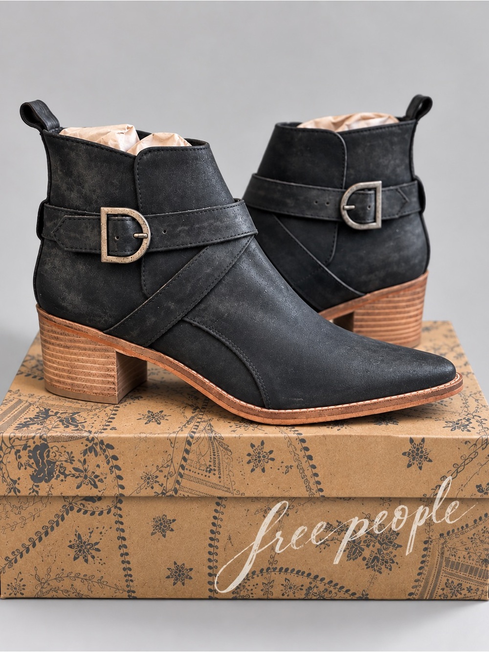Free People Back Loop Ankle Boots Size 40 US 10 Washed Black With Buckle NIB